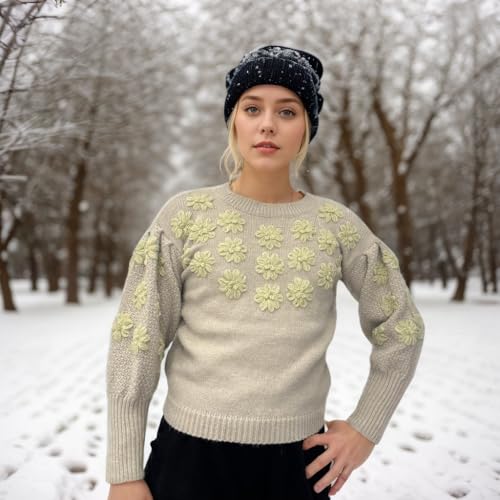 Image of Women's Loose Fitting Heavy Embroidery Three-Dimensional Flower Long Sleeved Knitted Pullover Sweater top