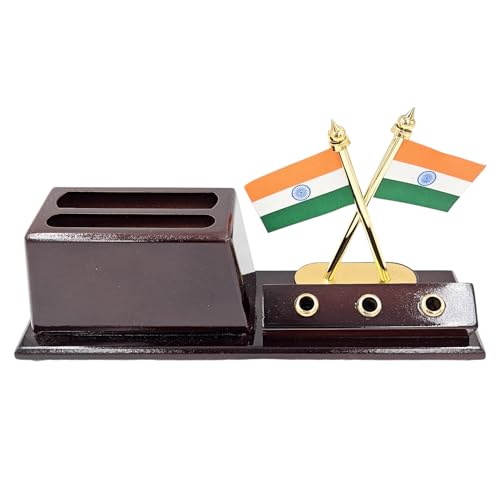 Image of WOOD HOUSE Wooden Pen Stand with Mobile Holder & 100-Year Perpetual Calendar for Office Table | Desk Organizer with New Year 2024 Calendar (Wooden Pen Stand With Indian Flag)