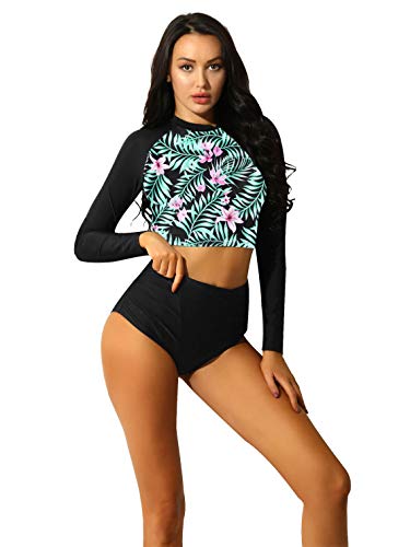 TTAO Bikini sexy de 2 piezas para mujer, de manga larga, con estampado de flores, camiseta de tirantes y cintura alta, tallas S-XXL Negro S