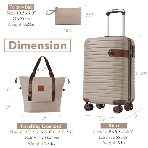 3 Piece Lightweight Hardshell ABS Carry-On Luggage Set with Wheels - Khaki Travel Suitcases2