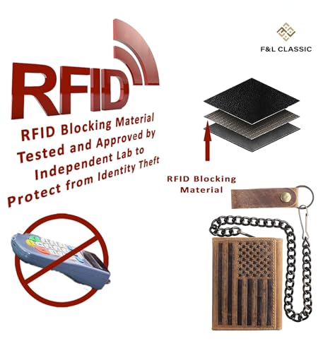 Image of F&L CLASSIC RFID Blocking Men's Tri-fold Vintage Biker Cowhide Leather Steel Chain Wallet,Snap closure, brown,flag,315-100
