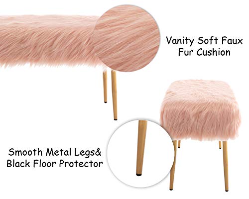 Kmax Fur Entryway Bench, Pink Shaggy Furry Cute Makeup Bench Seat for Girls, Modern Long Bench with Gold Metal Legs for Bedroom Living Vanity Room