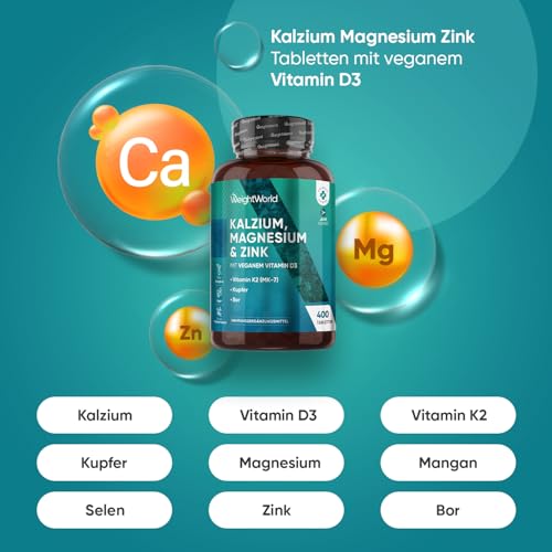 Kalzium Magnesium Zink - 400 Tabletten - 1+ Jahr - 500mg Calcium pro Tagesdosis - 1 vegane Tablette Pro Tag - Mit Mangan, Vitamin D3 K2, Bor, Selen, Kupfer - Frei von Magnesiumstearat - WeightWorld