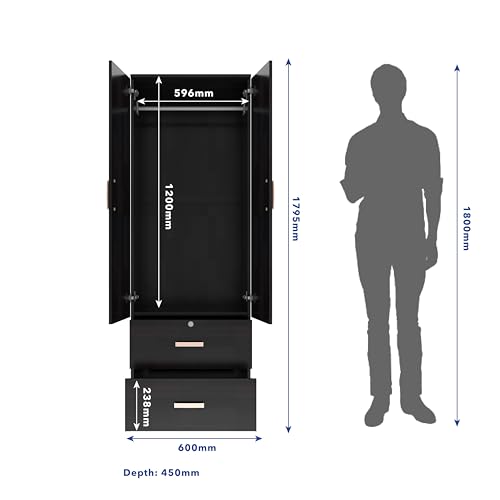 Image of DF2H Wardrobe | 1 Year Warranty | 2 Doors Cupboard, Ren, with Drawer, Wooden Almirah Wenge Colour (Melamine Finish)