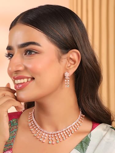 Image of Yellow Chimes Jewellery Set for Women and Girls American Diamond Jewellery Set | Rosegold Rhodium Plated AD Necklace Set for Women | Birthday Gift for Girls & Women
