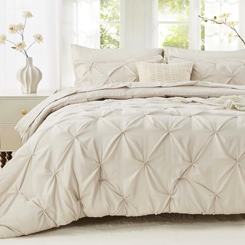 Sasttie California King Comforter Set, 7-Piece Bed in a Bag Cal King, Pintuck Bedding Set for All Season, Includes Comforter, Flat Sheet, Fitted Sheet, Pillowcases and Pillowshams, Beige