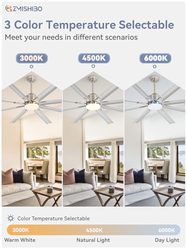 ZMISHIBO 72 inch Smart Aluminium Blade Ceiling Fans with Lights and Remote, Outdoor Large Ceiling Fans with Remote/Alexa/App for Patio Living Room, Nickel Ceiling Fan, 8 Blades