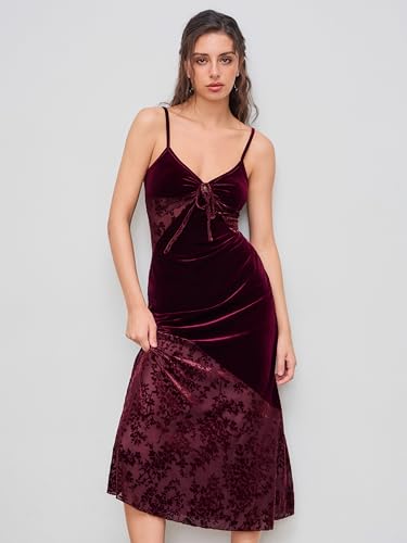 CIDER Velvet Dress Floral Cut Out Sleeveless Cocktail Party V Neck Knotted Velvet Midi Dress4
