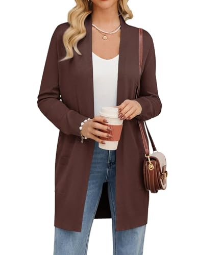 GRACE KARIN Women's Fall Long Brown Cardigan, Open Front Long Sleeve Knit Sweater, Knit Essential Coat with Pockets M