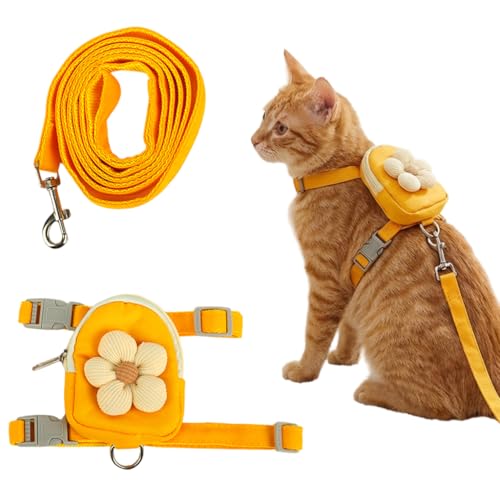 Image of Qpets Cat Harness with Leash, Adjustable Size Floral Flower Pet Belt Mini Zipper Pouch & Cute Yellow Flower Accent, for 4-10kg Small Dogs Cats (Yellow, (M, Chest 26-42cm, Neck 20-32cm)