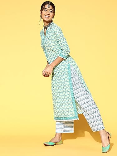 Image of Women Sea Green Printed Straight Kurta Palazzo with Dupatta Set