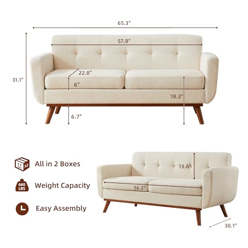 Kingfun 65.3 Inch W Loveseat Sofa, Mid Century Modern Decor Love Seat Couches For Living Room, Button Tufted Upholstered Furniture thumb #1
