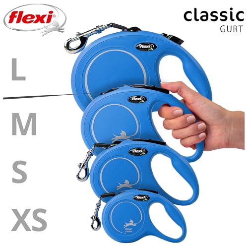 flexi® Classic S | 5m Gurt Roll-Leine für kleine Hunde bis 15 kg | Blau | ausziehbare Hundeleine | Gewicht 200.1 gr | Maße 10 x 16.5 cm