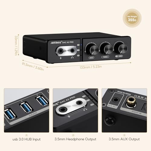 AIYIMA DAC-A2 PRO Gaming DAC Headphone Amplifier USB HUB Mini Decoder 24Bit 96Khz Coaxial/Optical/Type-C/MIC Input for Desktop Gaming Headset/MP3/PS5/Smartphone etc and 3.5mm AUX Output (Black)