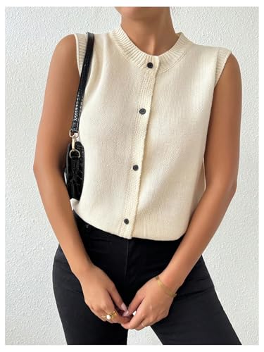 Image of SweatyRocks Women's Button Up Sweater Vest Crew Neck Sleeveless Knit Vest Tops Beige Small