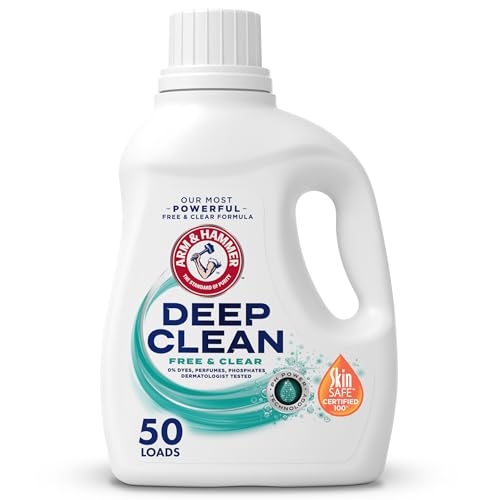 ARM & HAMMER Deep Clean Free & Clear Liquid Laundry Detergent, Free of Dyes, Perfumes and Phosphates, Suitable for Sensitive Skin, Dermatologist Tested, 75 Fl Oz, 50 Loads
