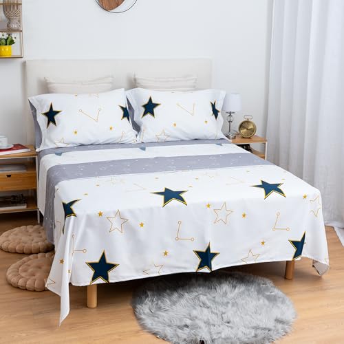 Etrexonline Conjunto de Sábanas 3 Piezas Cama 90 cm - Microfibra Ultra Suave Incluye 1 Bajera Ajustable 90x200+28 cm, 1 Encimera 160x270 cm, y 1 Fundas de Almohada 50x110 cm - Color Estrella Blanco