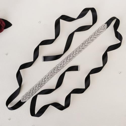 Rhinestone Bridal Sash Belt, Black and White Ribbon, Wedding Dress Accessory4