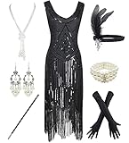 1920s Gatsby Sequin Fringed Paisley Flapper Dress with 20s Accessories Set (XL, Black-Black)