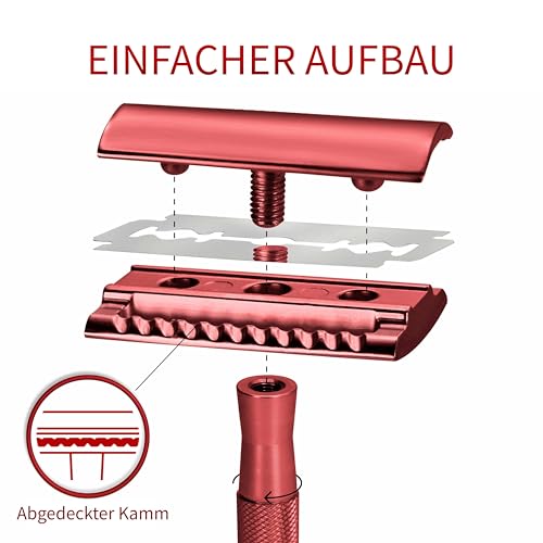 Foto von Bambaw Rasierhobel mit Ständer, Rasierhobel mit 5 zweischneidigen Rasierklingen, umweltfreundlicher Rasierer für die Rasur - Rot