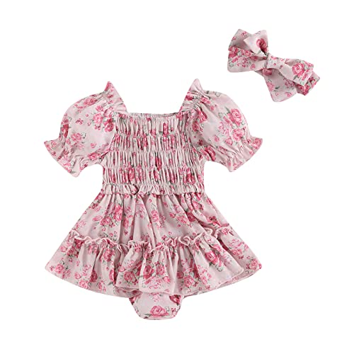 Image of Kupretty Newborn Infant Baby Girl Summer Clothes Vintage Floral Romper Square Neck Short Sleeve Bodysuit Jumpsuit (Flower Romper Dress Pink, 3-6 Months)