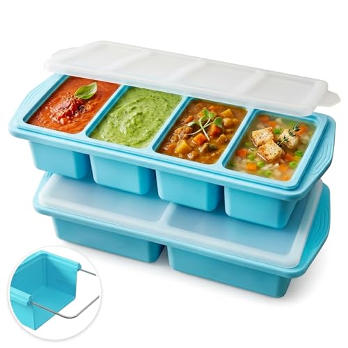 2 Stück Silikon Gefrierform mit Deckel Suppe Einfrieren Behälter Extra Große Eiswürfelbecher für Suppe Brühe Aufläufe Sauce Eiswürfel-BPA-freie Stapelbare Gefrierbehälter (Blau)