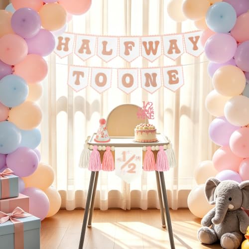 Image of THAWAY 1 /2 Birthday Girl Decorations, Pink Half Way to One Felt Banner Kit | 6 month party supplies; pink half birthday cake topper; adjustable 1 /2 hat; natural wood bead high chair decor