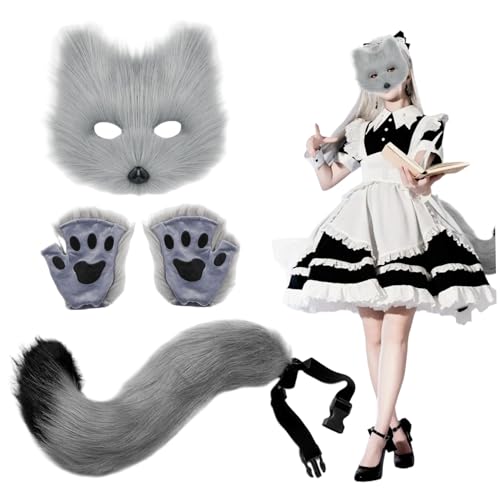 Kit Thérien renard gris complet anti-irritation masque et queue pour Halloween