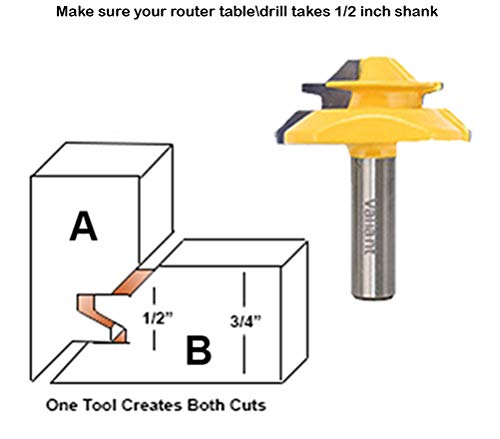 Valiant 45° Lock Miter Router Bit with 1/2 Inch Shank - 45-Degree Angle Miter Joint Cutter w/Anti-Kickback Design - Premium Woodworking Tool for Wood, MDF, Density Board, Chipboard, Splints & More