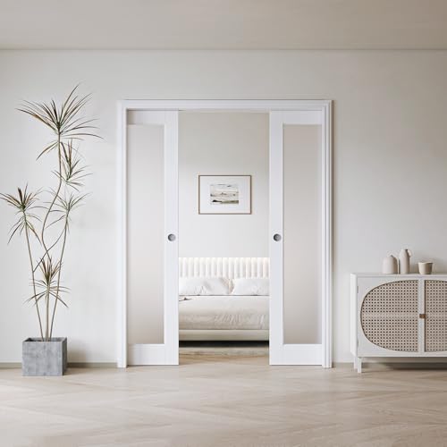 Image of Frosted Glass 1-Lite Sliding Pocket Doors White Standard Door with Hardware Kit Set,68 inchx80 inch