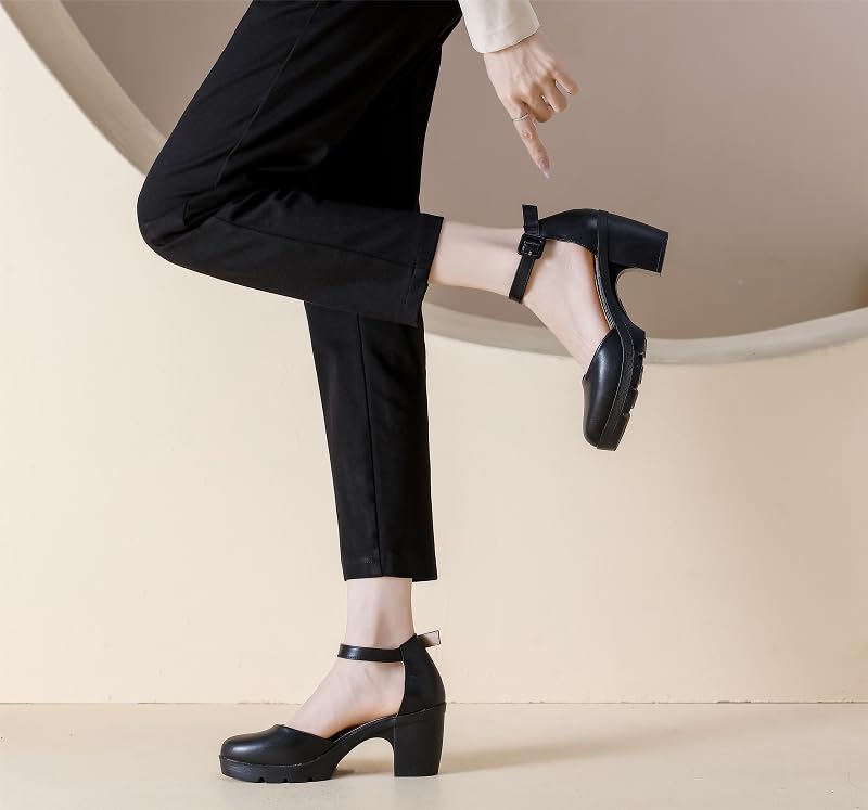 kkdom Women's High Heel Closed Round Toe Ankle Strap Chunky Wedding Pumps Shoes2