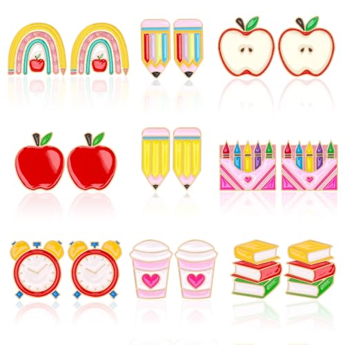AUGSUN 9 Pairs Theme Enamel Stud Earrings for Women Rainbow Pencil Book Stud Earrings Set for Graduation Teacher Appreciation Gift Back to Decoration