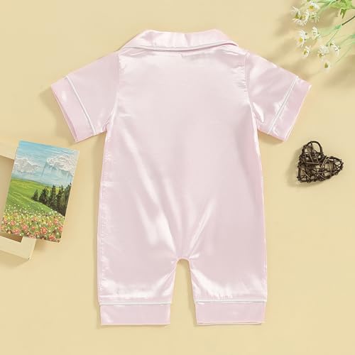 BULINGNA Infant Baby Girl Boy Summer One Piece Pajamas Jumpsuit Short Sleeve Button Down Satin Silk Pjs Sleepwear Onesie4