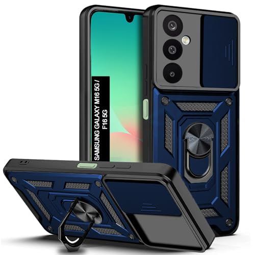 Image of AESTMO Tough Armor Samsung Galaxy M16 / F16 5G Bumper Back Case Cover | Ring Holder & Sliding Camera Cover | 360 Degree Protection Back Case Cover for Samsung Galaxy M16 / F16 5G (Blue)