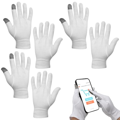 APOMOONS Gants en coton avec écran tactile, 2 paires de gants en coton blanc hydratants pour écran tactile de nuit pour appliquer de la crème pour les mains, hydratants