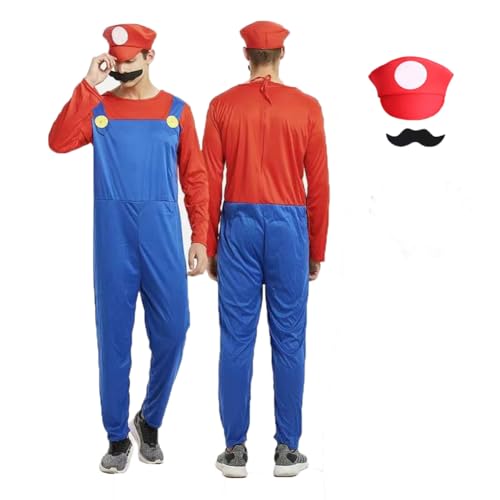 IDOTTA Super Plumber Cosplay Costume Accessories Kits for Adult Women Men with Bodysuit Hats Cap Mustaches Halloween Fancy Dress Outfit Costume