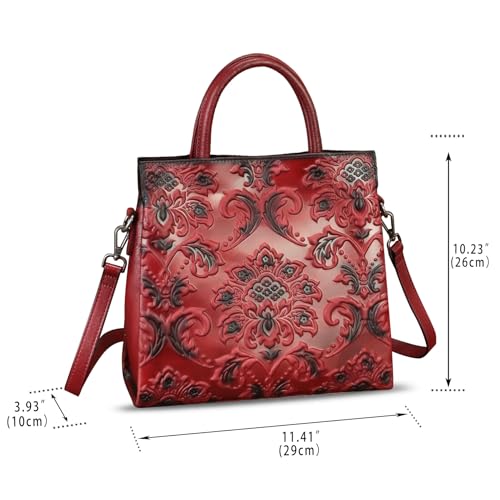 Image of Genuine Leather Satchel for Women Top Handle Handbag Handmade Embossed Vintage Satchel Crossbody Handbags Purse Bag