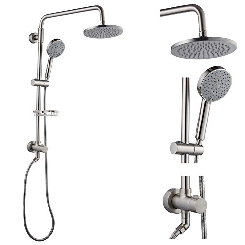Airuida Brushed Nickel Rain Shower System Brass Retrofit Wall Mount ABS Five Functions Hand Sprayer 8 Inch Rain Shower Head Adjustable Slide Bar Shower Combo Set Soap Dish