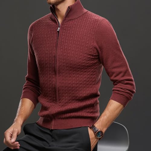 Men's Mock Neck Zip Up Cardigan 100% Wool Classic Knit Long Sleeve Zipped Sweater3