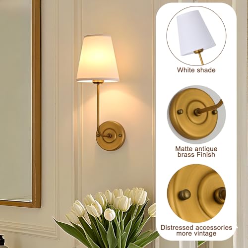 Image of Hardwired Wall Sconce Set of 2 with Flared Shape White Textile Shade Curved Arm and Antique Brass Finish Metal Base,Perfect for Bedroom Living Room Bathroom Vanity Area