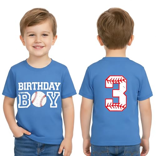 ZOELNIC Toddler Boy 3rd Birthday Shirt, 3 Year Old Short Sleeve 2-Sided Baseball Print Cotton T-Shirt 3T B-Blue
