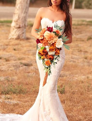 CherishedMoments Gebrannte Orange Künstliche Blumen Brautstrauß Terrakotta Blumen Tropfenform Brautstrauß Künstlicher Kaskadenstrauß für Hochzeitszeremonie und Jahrestag