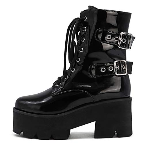 Image of Parisuit Womens Goth Patent Ankle Boots Platform Chunky Combat Boots