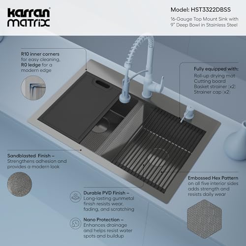 Image of Karran Matrix 33 inch Top Mount Workstation Kitchen Sink, Double Bowl, 16 Gauge Stainless Steel, Includes Cutting Board, Drying Mat & Basket Strainers