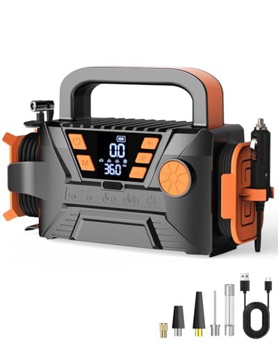 Tire Inflator Portable Air Compressor - Battery Powered Tire Air Pump with Memory Function, 12V DC Auto Pump with Dual Digital Pressure Gauge, 5X Faster Inflation Air Pump for Car, SUV, Bike, Ball