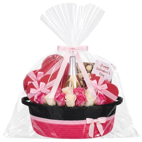 Image of Colingmill 1 Set Woven Basket for Gift Empty with Cellophane Wrap Set 14 x 10 x 5.5 Inch, Medium Decorative Gift Basket Empty to Fill, Cotton Rope Storage Box Decor (Black Hot Pink)
