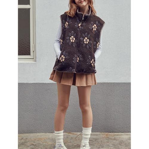 Songling Fleece Vest for Women Cute Floral Sherpa Vests Sleeveless Winter Jackets High Neck Zip Up Gilet with Pockets3