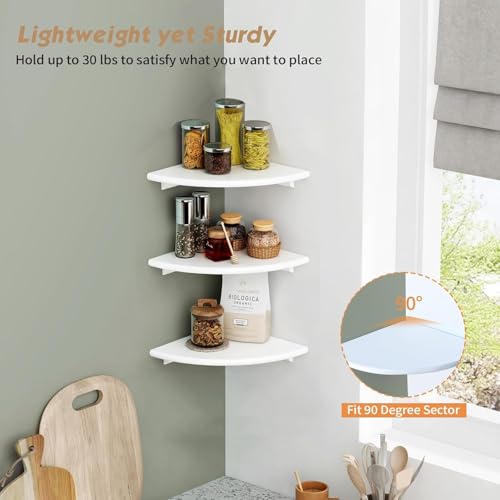 Image of UHUD CRAFTS Corner Floating Shelves for Wall Decor Set of 3, Wall Mounted Rounded Corner Book Shelves for Kids Bedroom & Books, Decorative Storage Shelf for Bathroom & Living Room Decor - White