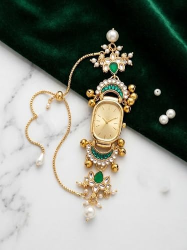 Image of Kashmiri Women's Bracelet Watch, Gold Tone, Oval Dial, Green Stone Charm with Pearl Pendant, Ethnic Style