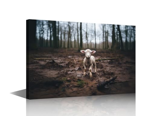 Tableau de mouton pour salon 61x91 cm déco murale encadrée forêt